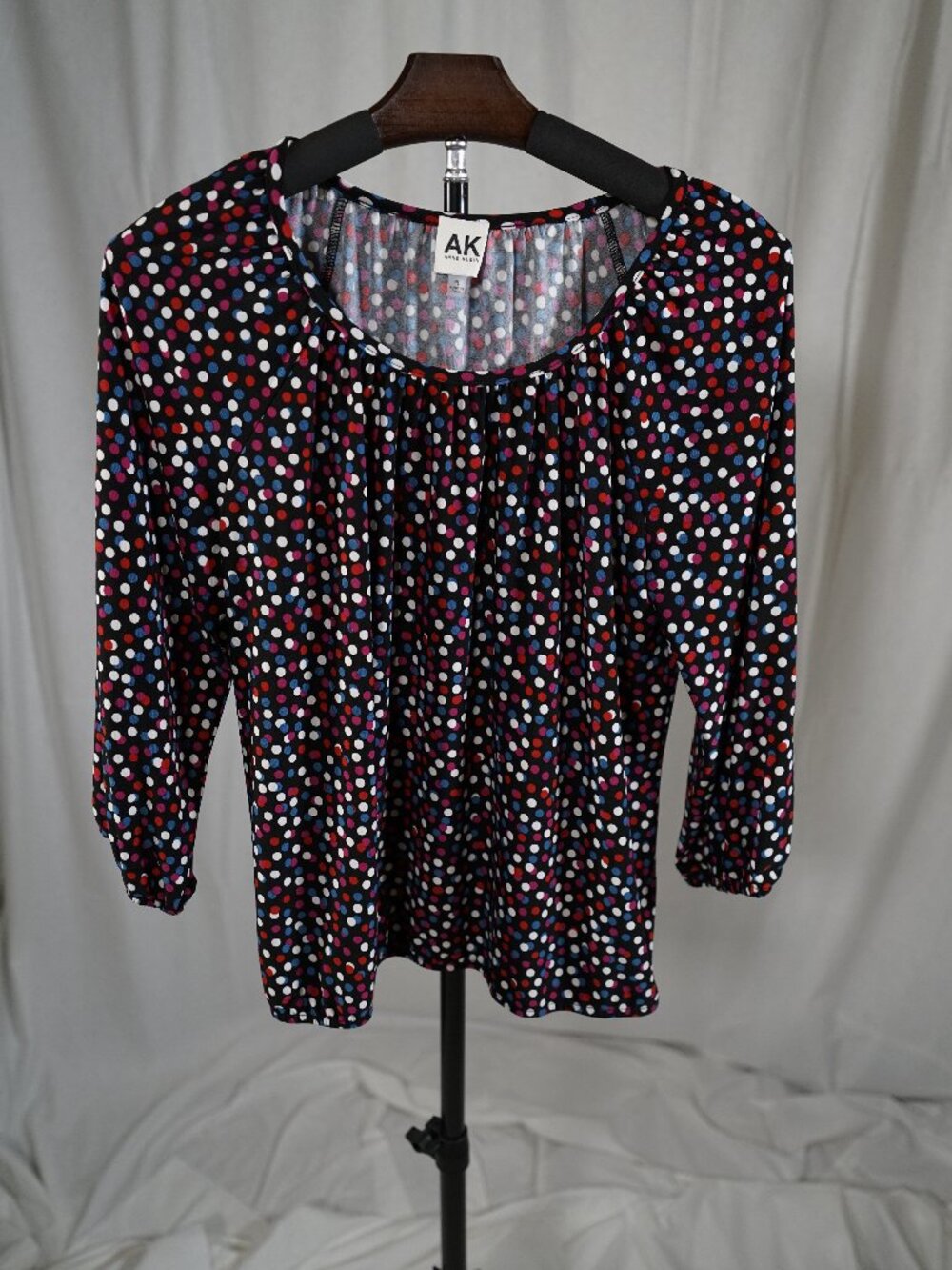 AK Anne Klein Petite Large Multicolor Dot Print 3/4 Sleeve Blouse